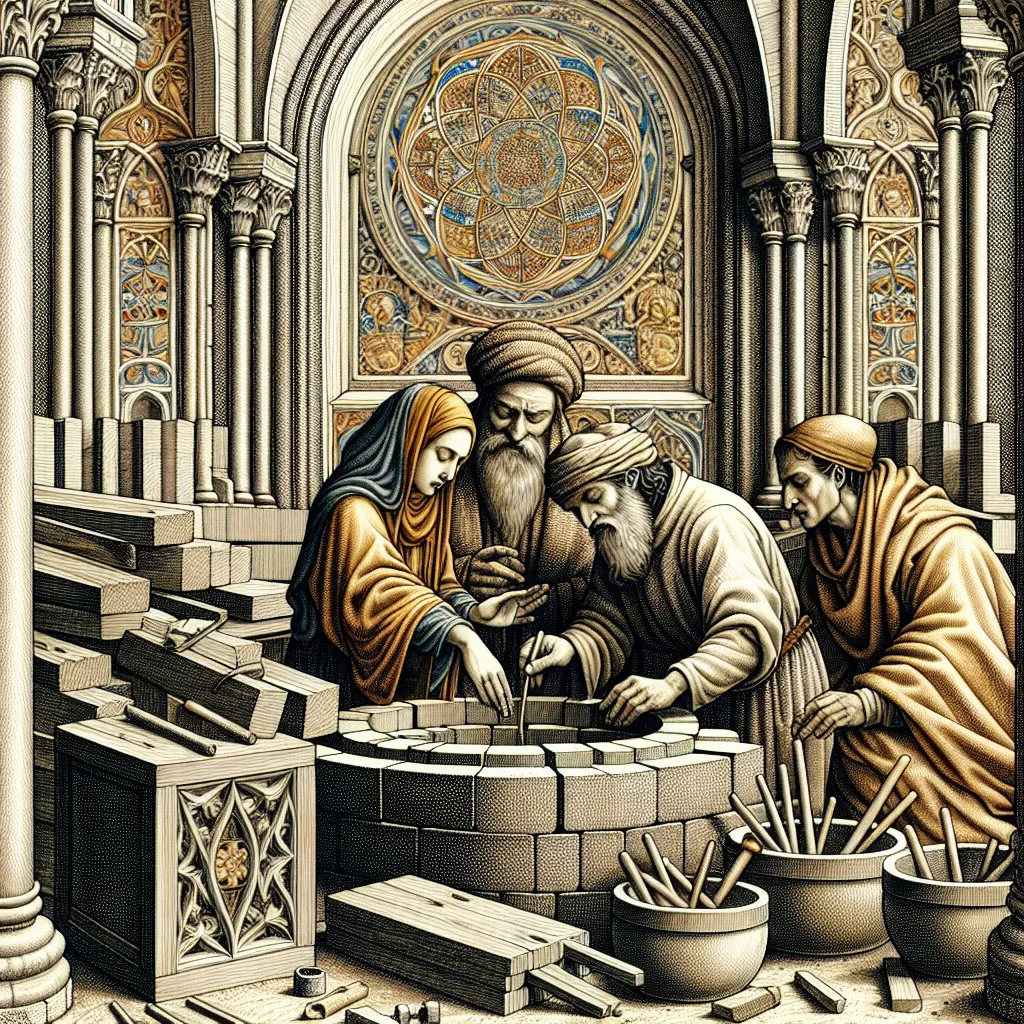 Generate a detailed renaissance-style illustration depicting the Three of Pentacles tarot card. Show three figures collaborating on an architectural project: a skilled craftsman, a Middle-Eastern male wise monk, and a Hispanic female noblewoman. They are working together in a grand, partially built cathedral, surrounded by intricate gothic architecture. Incorporate symbols of teamwork and cooperation, such as mortar and tools. The image should convey a sense of harmony, skill, and shared vision in a rich, classical art style.