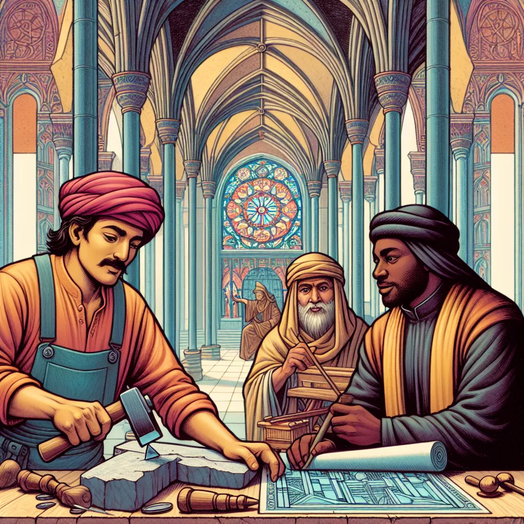Create an artistic representation of the Three of Pentacles tarot card. Illustrate three individuals working harmoniously on a grand architectural project inside a cathedral. Include a master craftsman of South Asian descent chiseling on stone, while two other figures, a Middle-Eastern female architect holding a blueprint and a Black male cleric in traditional robes, are in discussion. Ensure the setting has a sense of collaboration and progress, with intricate details of arches and stained glass in the background. Use vibrant colors and classical tarot imagery.