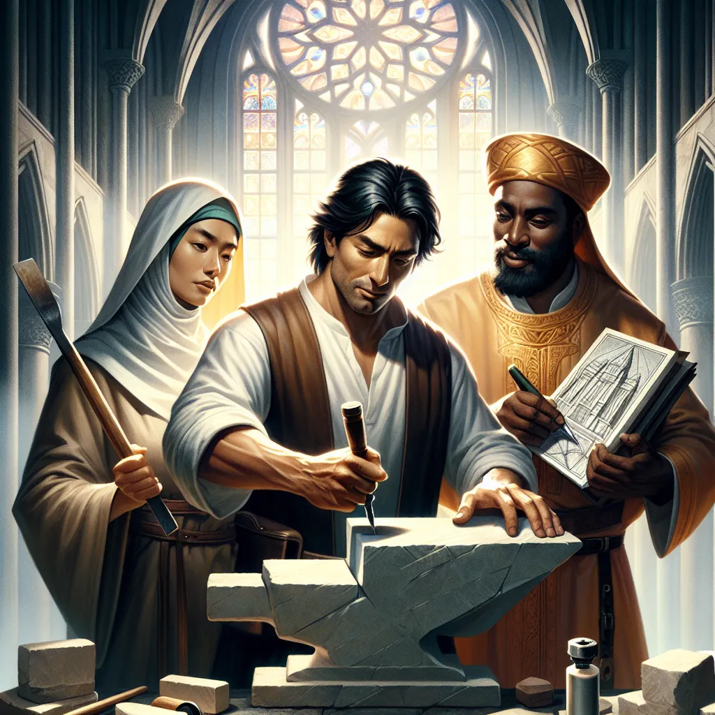 Create an image of a skilled craftsman, a Middle-Eastern woman holding architectural plans, and a Black man in religious garb, all collaborating harmoniously within a grand cathedral. The craftsman, an Asian man, is chiselling stone with extreme finesse. The scene is bathed in warm light streaming through stained glass windows, emphasizing the theme of teamwork and superior craftsmanship. The expression on each character's face is one of determination and mutual respect, creating a strong representation of collective achievement and community spirit. This scene should portray the essence found within the Three of Pentacles card.