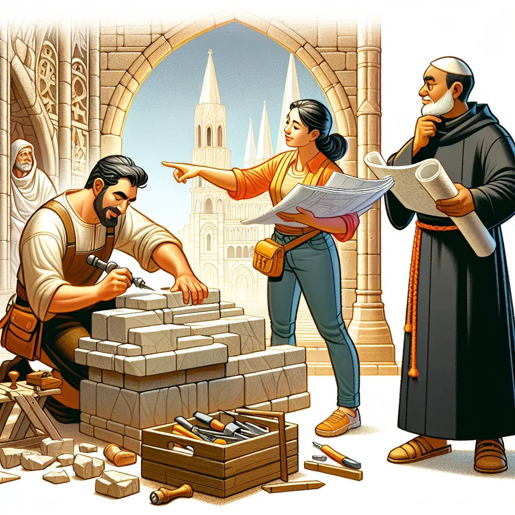 Create an illustration of a medieval stone cathedral under construction, with three figures collaborating in the scene. Depict a skilled craftsman meticulously carving stone. The craftsman is a Middle-Eastern man. An architect, a Hispanic woman, is holding blueprints and pointing to the structure, while a monk, a Black individual, is observing thoughtfully. The scene is vibrant and detailed, showcasing tools and architectural elements. The atmosphere should convey a sense of teamwork, communal effort, and the melding of talents toward a shared goal, casting warm, natural light that highlights the harmony of their collaboration.