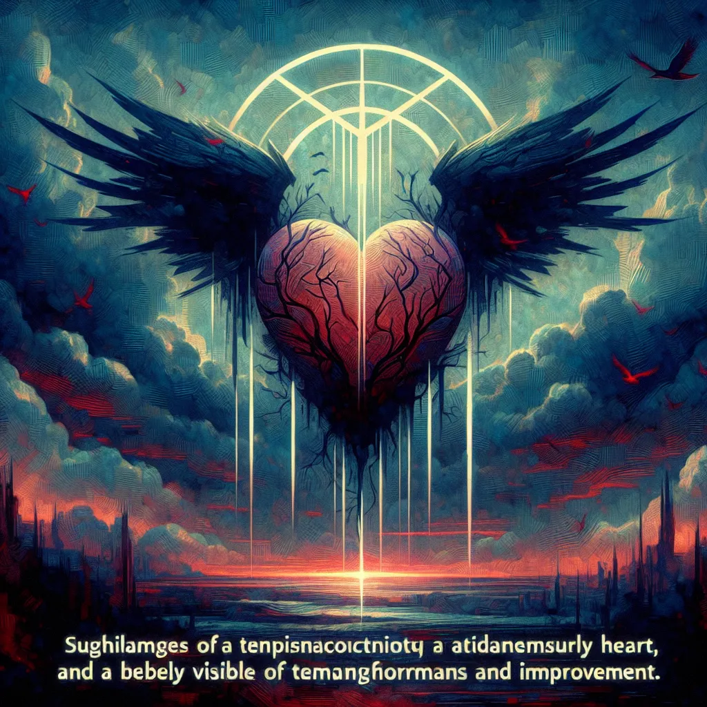 Craft an illustration of three paranormal, fluorescent blades striking a tempestuous heart amidst a theatrical sky. The ambience is suffused with melancholy, yet there is an undertone of might and tenacity within the heart, signifying metamorphosis and improvement. Integrate subtle aspects of stoic philosophy such as, a concealable stoic symbol and a barely visible impression of a phoenix ascending in the backdrop.