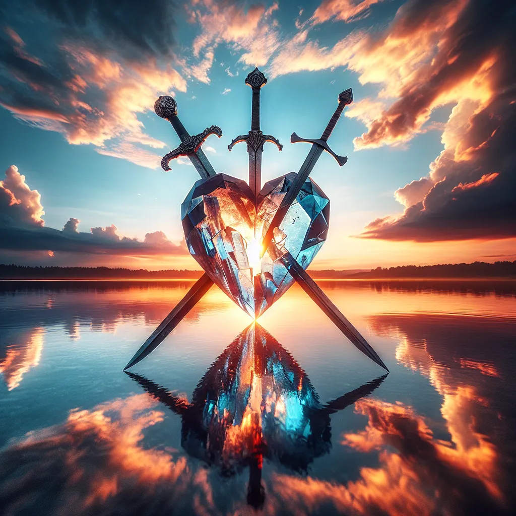 An image of a shattered heart-shaped crystal glowing in the bright illumination of daytime, transpierced by three ancient swords. This scene takes place against the tranquil and serene setting of a lake, the water surface of which mirrors a sky teeming with sprawling clouds during the exquisite hues of sunset.