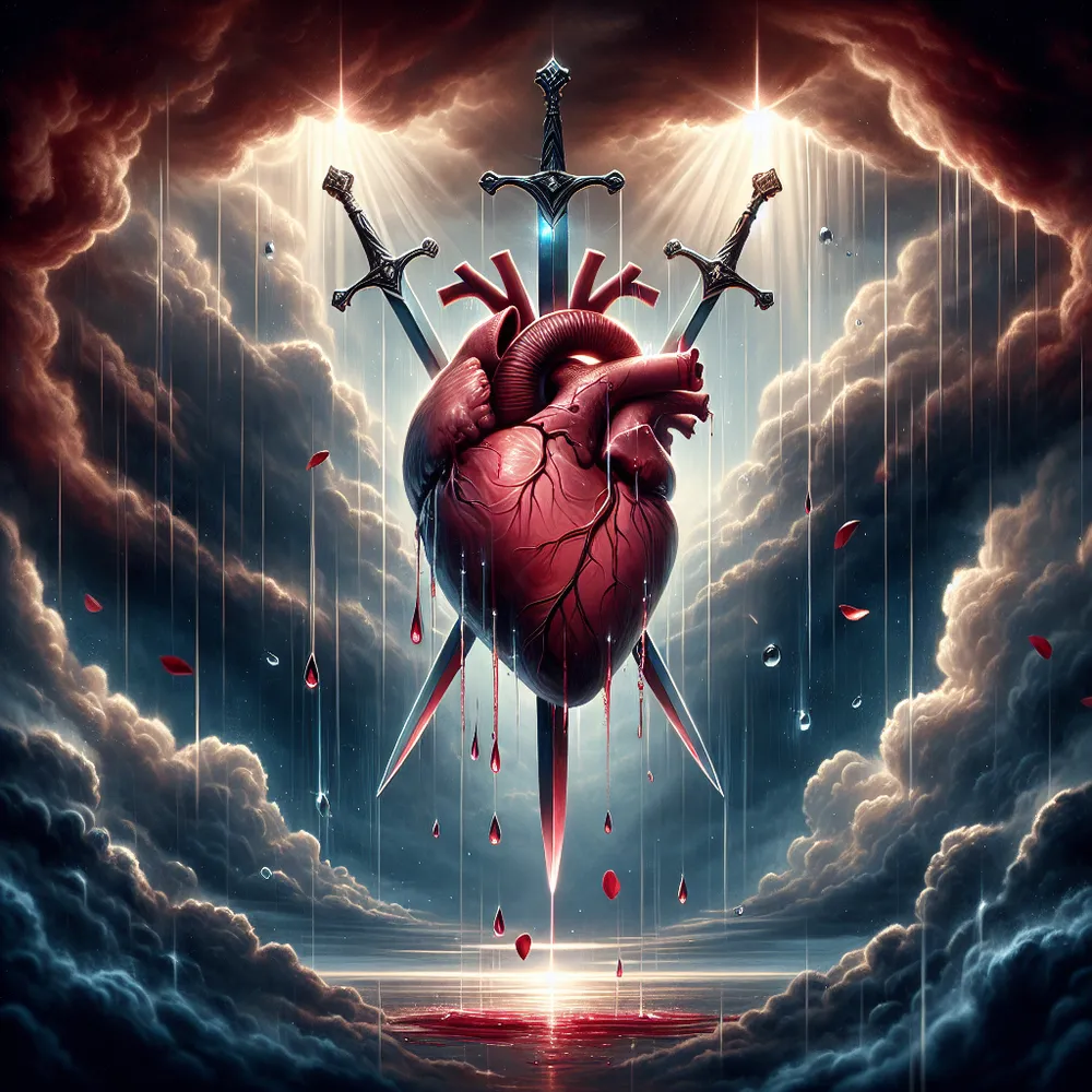 Create a powerful and emotive scene illustrating the Three of Swords tarot card: a large, anatomically accurate heart pierced by three sharp, gleaming swords against a backdrop of a stormy sky. The sky should have dark, swirling clouds with small breaks where light beams through. Capture the contrast of pain and hope, with raindrops gently falling around, symbolizing both tears and cleansing. Use a rich color palette to evoke strong emotions, focusing on reds, blues, and silvers.