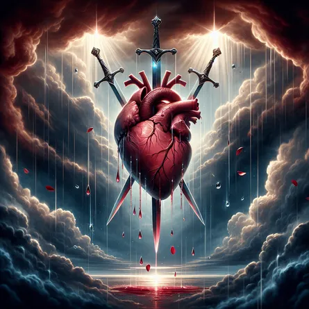 Create a powerful and emotive scene illustrating the Three of Swords tarot card: a large, anatomically accurate heart pierced by three sharp, gleaming swords against a backdrop of a stormy sky. The sky should have dark, swirling clouds with small breaks where light beams through. Capture the contrast of pain and hope, with raindrops gently falling around, symbolizing both tears and cleansing. Use a rich color palette to evoke strong emotions, focusing on reds, blues, and silvers.