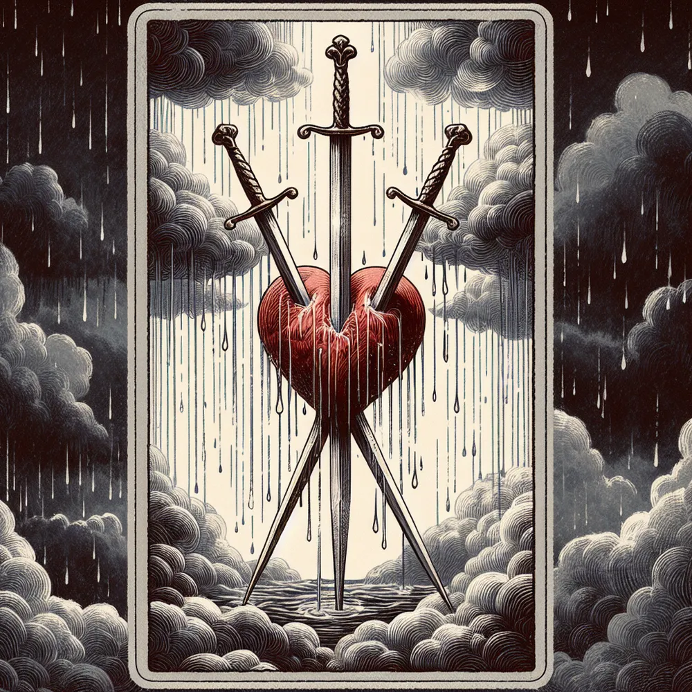 Create an artistic depiction of the Three of Swords tarot card. Illustrate a heart pierced by three swords, set against a backdrop of stormy clouds and rainfall. The scene should evoke a sense of poignant beauty and contemplation, capturing both the pain and the transformative potential of emotional experiences. Use a palette of muted grays and deep reds to emphasize the somber yet hopeful theme.