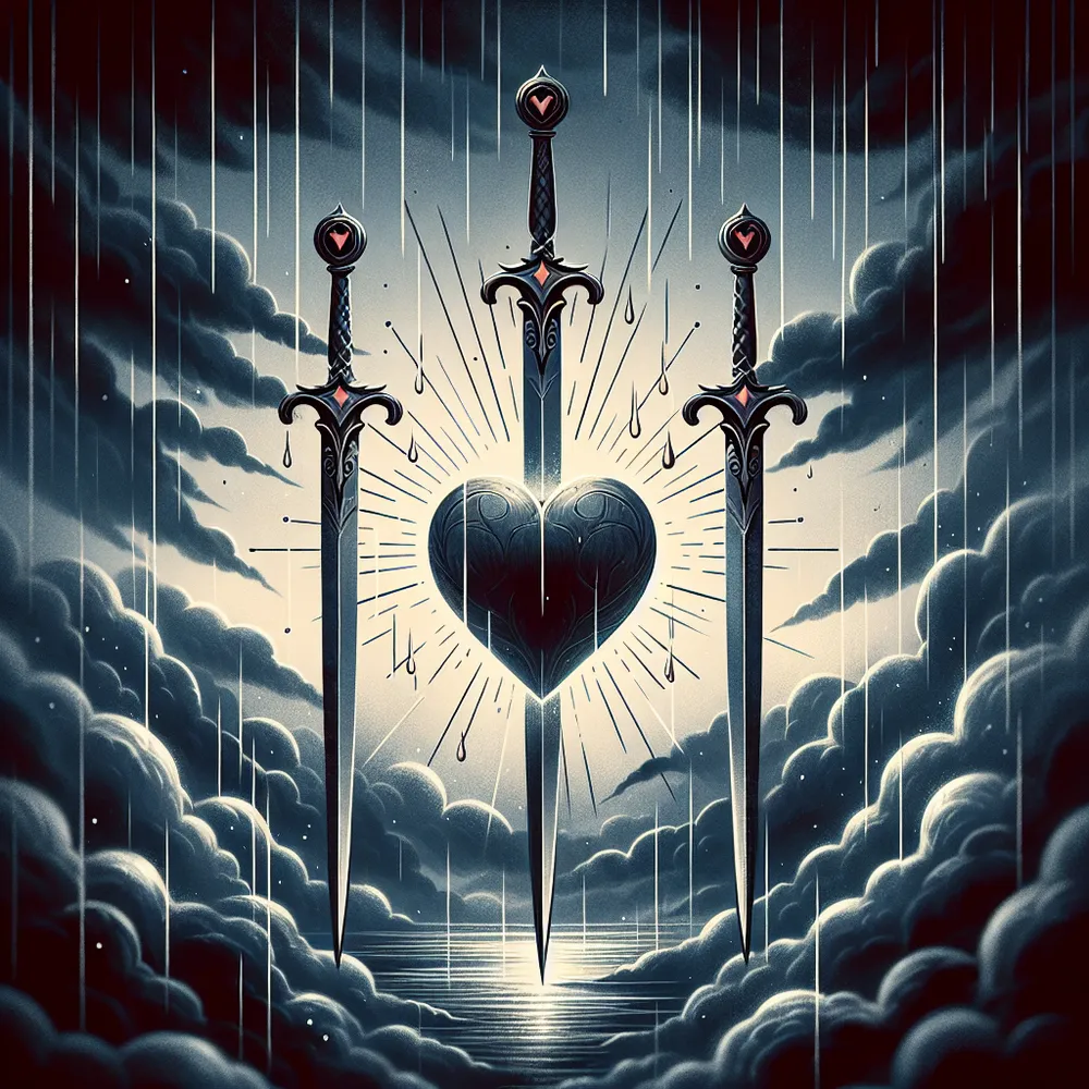 Create an atmospheric tarot card illustration of the Three of Swords. Focus on a heart in the center, pierced by three elegant swords. The background is stormy and dramatic, with rain symbolizing cleansing tears. Add subtle rays of light breaking through the clouds to convey hope amidst sorrow. The color palette features deep blues, greys, and a touch of silver for the swords, while ensuring the image maintains a mystical and reflective tone, inviting introspection and healing.