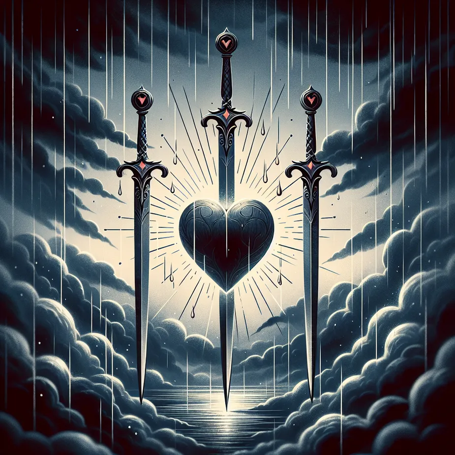 Create an atmospheric tarot card illustration of the Three of Swords. Focus on a heart in the center, pierced by three elegant swords. The background is stormy and dramatic, with rain symbolizing cleansing tears. Add subtle rays of light breaking through the clouds to convey hope amidst sorrow. The color palette features deep blues, greys, and a touch of silver for the swords, while ensuring the image maintains a mystical and reflective tone, inviting introspection and healing.