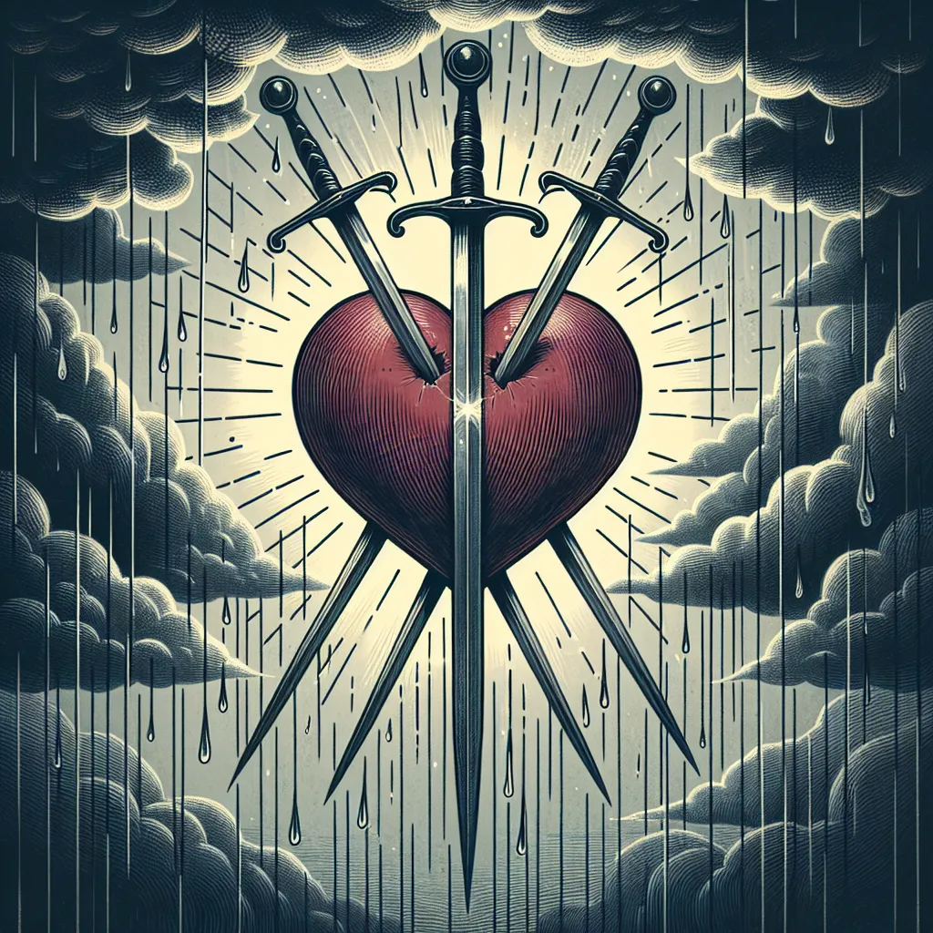 Create an evocative and classic tarot illustration of the 'Three of Swords'. Depict a heart pierced by three swords, set against a stormy sky to symbolize emotional turmoil. Include a background with dark clouds and gentle rain, hinting at the depth of sorrow yet holding a possibility of cleansing and renewal. The overall atmosphere should convey a sense of heartache but also resilience and the transformative power of overcoming adversity.