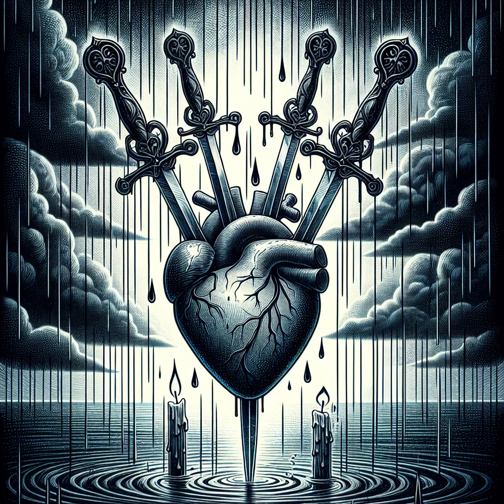 Create an imaginative and symbolic illustration of the Three of Swords tarot card. Center the image around a heart pierced by three ornate swords under a stormy sky. Rain should fall, adding a somber yet reflective atmosphere. In the foreground, include a small candle with a gentle flame to symbolize hope and healing. Use a color palette of dark grays and blues, with subtle accents of light to balance the mood, featuring a blend of realism and artistic whimsy.