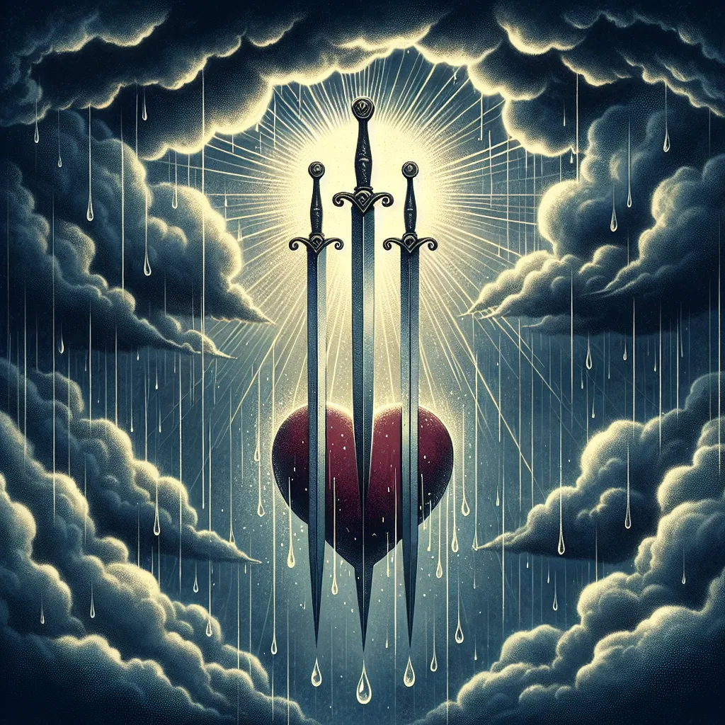 Create a vivid and symbolic illustration of the 'Three of Swords' tarot card. Depict a heart pierced by three elegant swords set against a stormy sky, with falling rain symbolizing tears. Include subtle hues of gray and midnight blue, emphasizing themes of sorrow and emotional turmoil. Add rays of light breaking through the clouds to suggest hope and resilience. The imagery should evoke deep emotion while highlighting the complexity and transformative potential of heartbreak.