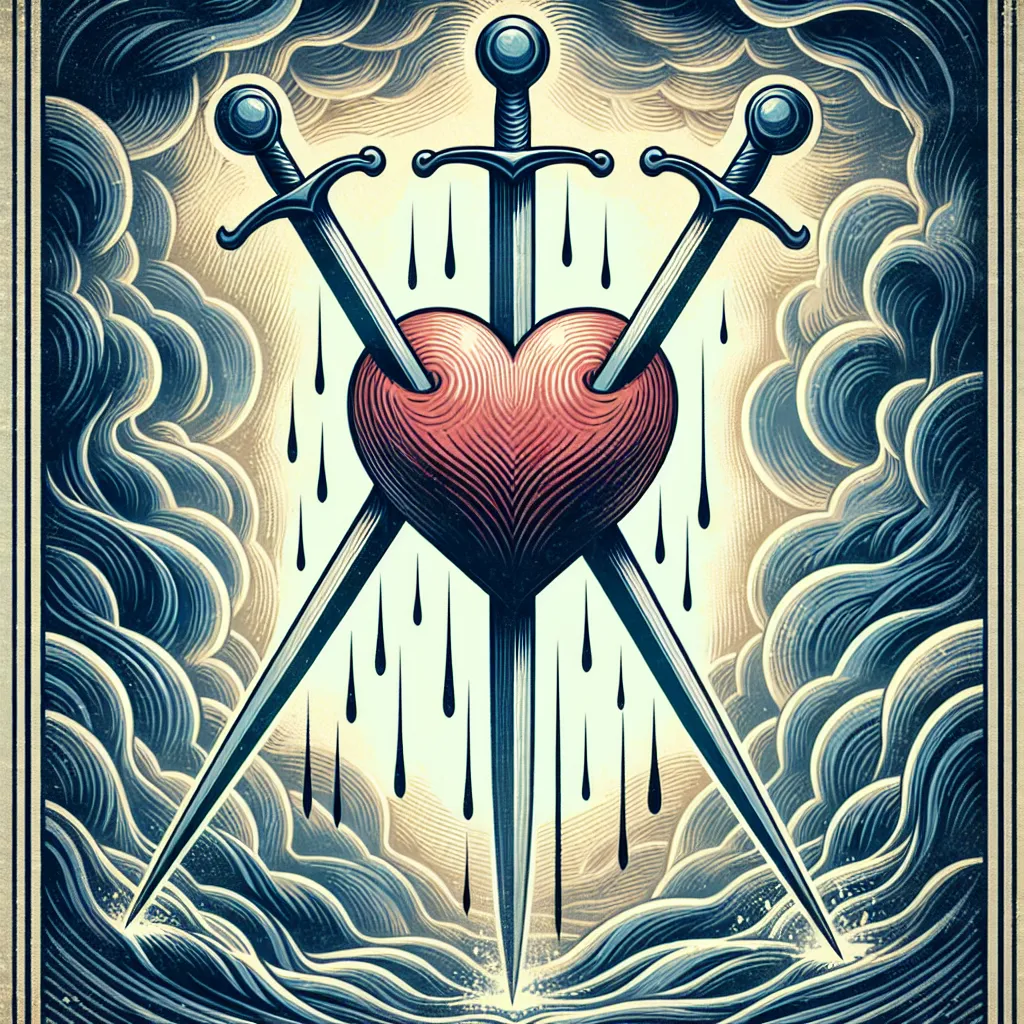 Create an image of the Three of Swords tarot card: a stylized heart in the center of the canvas is pierced by three sleek swords pointing downward. The background is a swirling mix of stormy grays and blues, symbolizing emotional turmoil. Subtle rain droplets fall around the heart, adding a touch of melancholy, while a soft ray of light breaks through the clouds, hinting at the promise of healing and hope. The overall mood should blend classic tarot imagery with a modern artistic style.