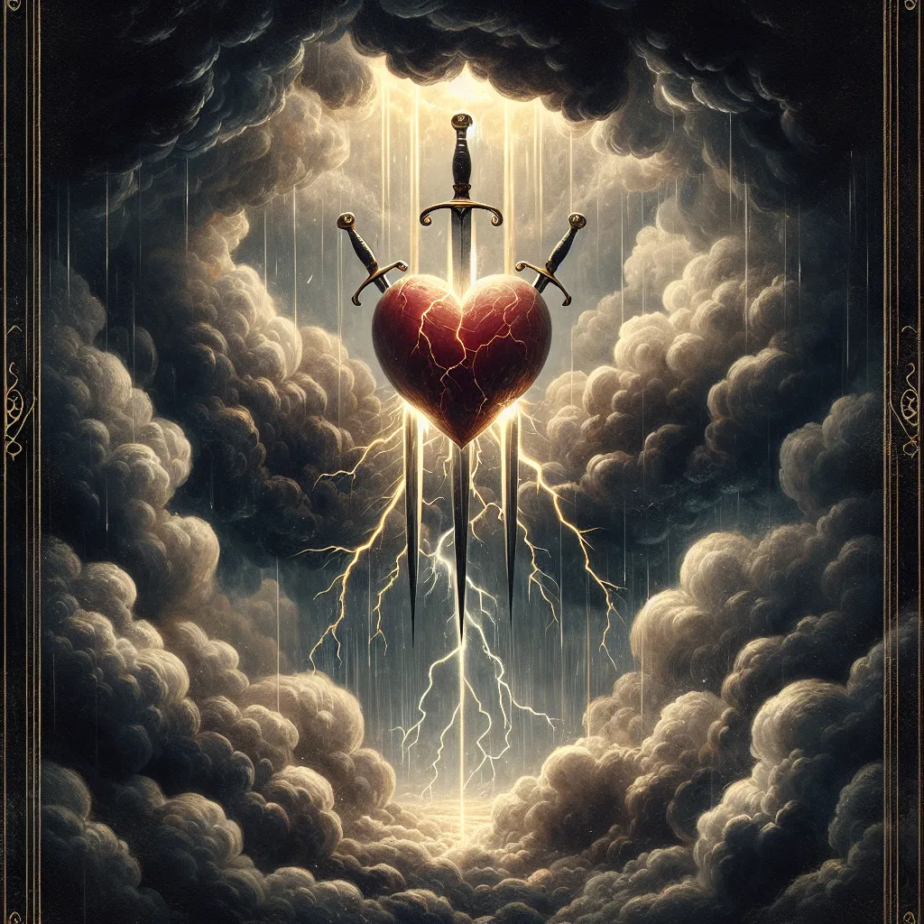 An evocative fantasy scene illustrating the Three of Swords tarot card: A heart suspended in a stormy sky, pierced by three shining swords. Surrounding the heart, turbulent clouds swirl with flashes of lightning, symbolizing turmoil and emotional intensity. The backdrop is dramatic with dark, billowing clouds and rain, capturing the theme of heartache and the potential for growth through adversity. The image should convey a sense of deep introspection and resilience, with an artistic, painterly style.