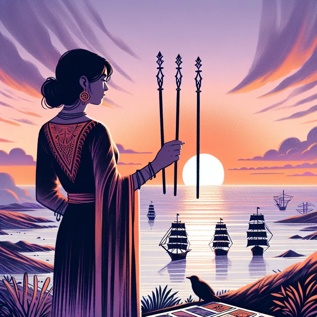 A South Asian female individual standing on a hill overlooking the sea at sunset, holding three upright wands. She is gazing out towards a horizon that is lined with ships, representing ventures she's undertaken. Behind her is a vast landscape that bears signs of a long journey she's just completed. The sky is alive with hues of orange and purple, reflecting the anticipation and uncertainty associated with the drawn card.