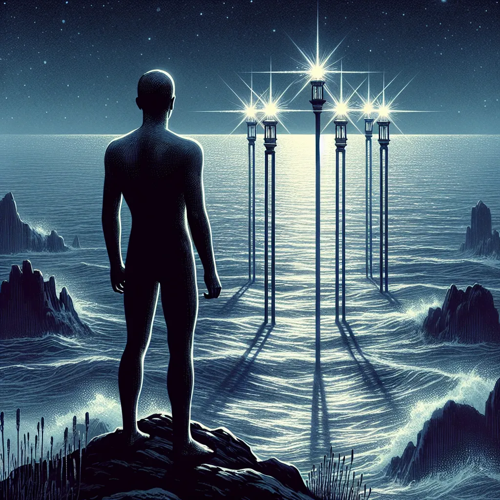 A human figure of ambiguous descent and gender stands atop a hill, looking out towards a vast open ocean. This ocean is uncharted, a symbol of mysteries yet to be discovered. Scattered across the ocean are three tall wand-shaped lighthouses radiating light, dotting the water's surface with glimmers of illumination. These lighthouses serve as symbols of guidance, foresight, and exploration, embodying the essence of the Three of Wands tarot card. Emphasize the anticipation in the stance of the figure, as they contemplate the future that lies beyond the ocean and the guidance from the lighthouses.