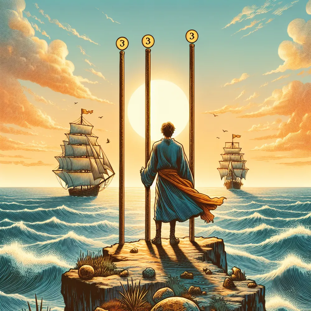 Create a detailed illustration of the Three of Wands tarot card. Depict a figure standing confidently on a cliff overlooking the sea, with three tall wands planted firmly in the ground beside them. The sky is vast and expansive, with ships sailing towards the horizon, symbolizing exploration and opportunity. The colors should evoke a sense of anticipation and readiness, with warm sunlight illuminating the scene. Include traditional tarot card elements and symbolism that reflect themes of preparation, vision, and forward momentum.