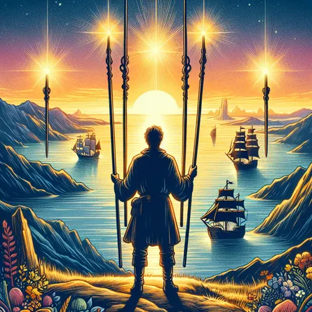 Create a digital illustration of the Three of Wands tarot card. The scene features a figure standing on a hill overlooking a vast ocean with ships sailing towards the horizon. The figure holds three wands, symbolizing exploration and future prospects. The landscape is vibrant with a sunrise illuminating the sky, hinting at dawn and new beginnings. The atmosphere is serene yet filled with anticipation, capturing the essence of foresight and adventure.