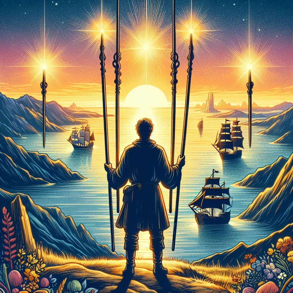 Create a digital illustration of the Three of Wands tarot card. The scene features a figure standing on a hill overlooking a vast ocean with ships sailing towards the horizon. The figure holds three wands, symbolizing exploration and future prospects. The landscape is vibrant with a sunrise illuminating the sky, hinting at dawn and new beginnings. The atmosphere is serene yet filled with anticipation, capturing the essence of foresight and adventure.