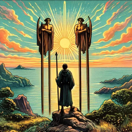 Create an artistic tarot card illustration of the Three of Wands. Depict a figure standing on a cliff, gazing over a vast sea with three wands planted firmly in the ground. The figure should have a contemplative expression, symbolizing foresight and anticipation. The sky is painted with vibrant colors of a sunrise, suggesting new opportunities on the horizon. The landscape is lush and expansive, illustrating a sense of adventure and potential. The style should be mystical and detailed, reminiscent of classic tarot imagery.