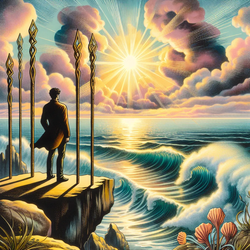 Generate a mystical seascape distinguished by a single individual standing on a cliff, with three sturdy wands planted nearby them. This figure, a Caucasian male, gazes intently at the point where the sea converges with the sky, highlighted by waves kissed by the sunlight. Incorporate elements reminiscent of traditional tarot card designs creating a surreal and ethereal scene. The scene emphasizes themes of exploration and boundless opportunities. Use a symphony of warm colors to stimulate a sense of inspiration and adventure, customary to the Three of Wands tarot card imagery.