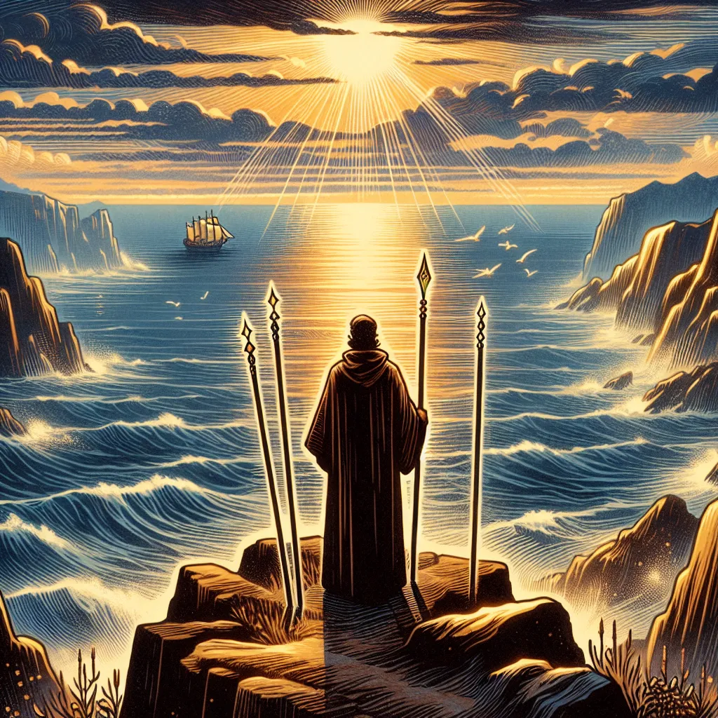 Create a detailed and vivid illustration of the Three of Wands tarot card. Depict a solitary figure standing on a cliff, overlooking a vast ocean with a dramatic horizon. The figure is holding one wand and has two others planted firmly beside them, symbolizing foresight and potential. The scene is illuminated by the golden light of a setting or rising sun, casting a warm glow over the landscape. The colors are rich, conveying a sense of anticipation and serenity. The figure is contemplative, gazing into the distance, exuding a sense of vision and purpose. Include subtle symbols of journey and exploration, such as distant ships or birds in flight.