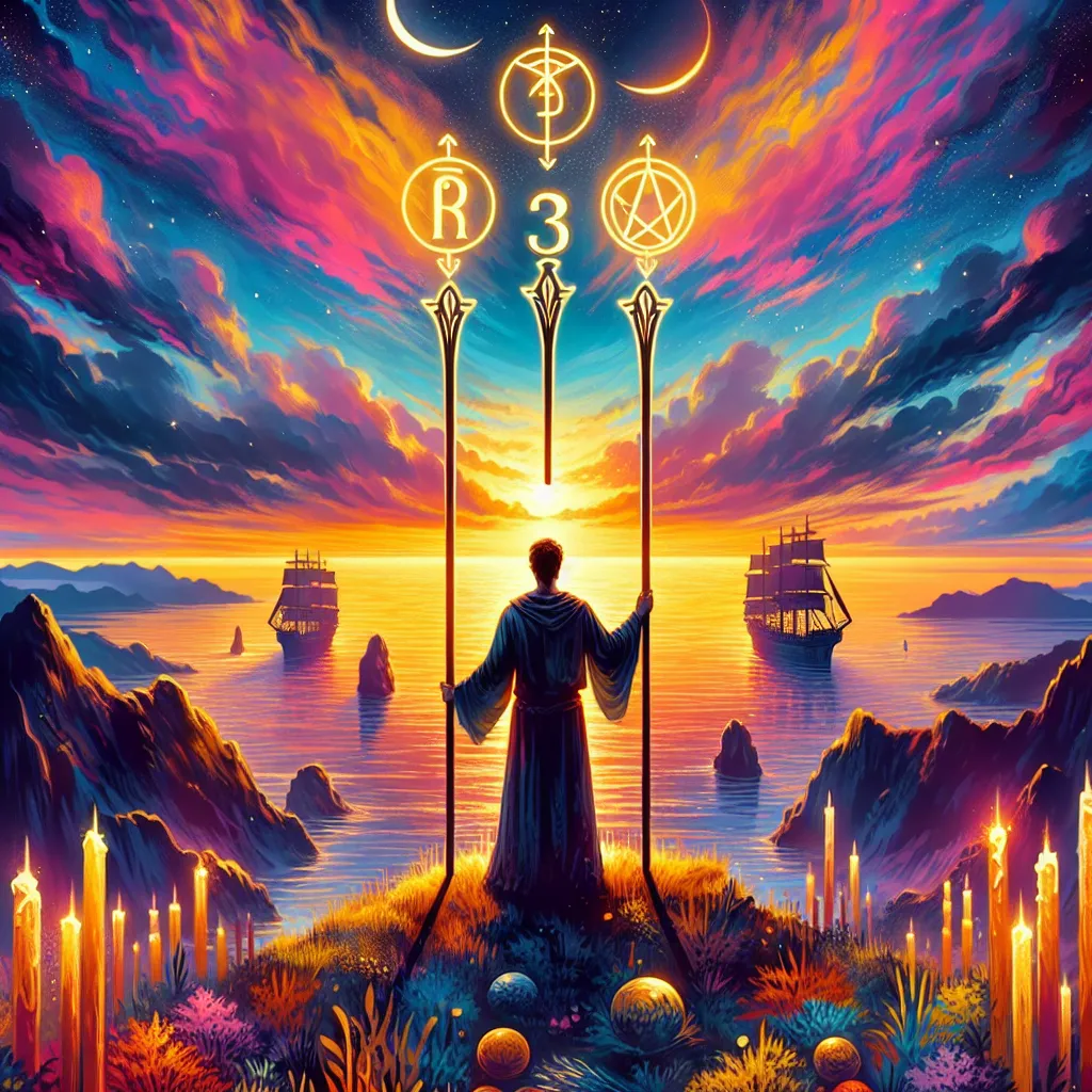 Create an artistic, vibrant scene depicting the Three of Wands tarot card. Illustrate a figure standing on a hilltop overlooking a vast, expansive sea. The figure holds three wands firmly planted in the ground beside them, symbolizing stability and growth. The sky is painted with a stunning sunset, symbolizing potential and future endeavors. Ships can be seen sailing in the distance, representing exploration and opportunity. Use rich colors and mystical elements to evoke a sense of foresight and anticipation.