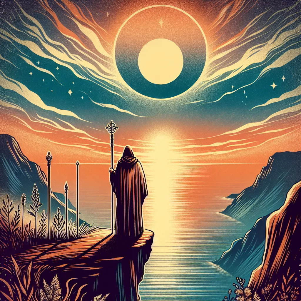 Create a captivating illustration of a lone figure standing on a cliff, gazing out over an expansive, serene ocean at sunrise. The figure, dressed in flowing robes, holds a staff in each hand, with a third staff planted firmly in the ground beside them. The scene conveys themes of exploration, anticipation, and forward-thinking, with colors that blend warm oranges and cool blues to symbolize a sense of new beginnings and inspiration. Include subtle elements that hint at the classic imagery of the tarot card, infusing an essence of mystery and contemplation in a peaceful coastal setting.