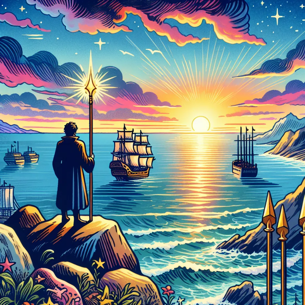 Create a digital artwork depicting the Three of Wands from the tarot. Illustrate a lone figure standing on a cliff overlooking the sea, watching ships sail in the distance. The figure should hold one of the three wands, symbolizing foresight and anticipation. The landscape should be vibrant and full of energy, reflecting the aspiration and potential for new adventures. Emphasize the sense of opportunity and readiness, with a colorful, expansive horizon representing limitless possibilities.
