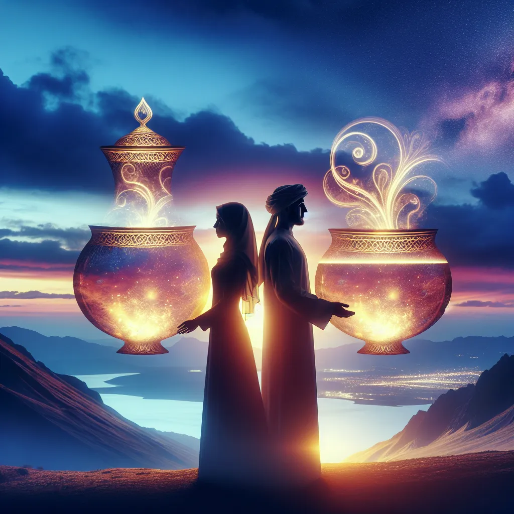 Create an image of a tranquil, romantic landscape under the dusky twilight sky. A Middle-Eastern man and a Caucasian woman stand close together near the magnificent backdrop, their silhouettes nearly blending into one. The scene focuses vividly on two ornate cups the individuals are holding close to their hearts, one held by the man and the other by the woman. These cups overflow with a luminescent liquid that signifies the bond and understanding between them. The transitioning landscape from day to night subtly symbolises the potency of equilibrium.