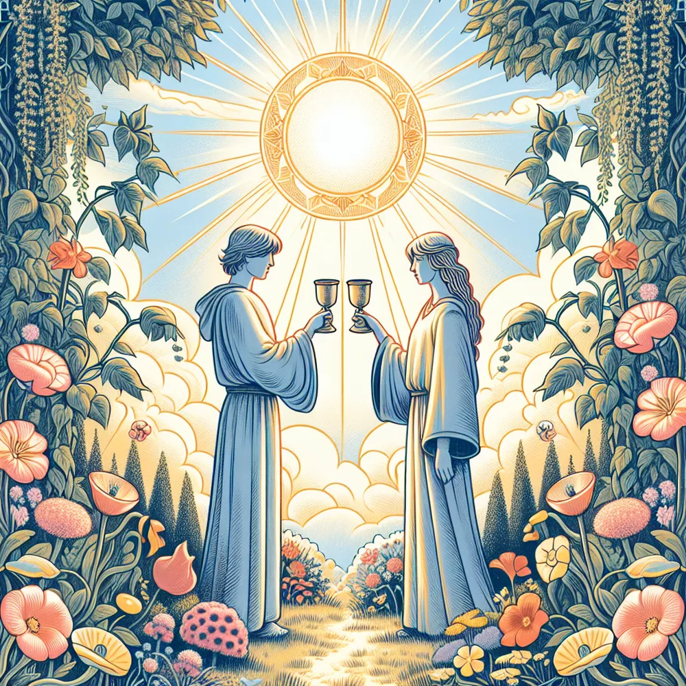 Create an image of the Two of Cups tarot card. The scene depicts a harmonious connection between two individuals standing face-to-face, each holding a cup extended toward one another. They stand in a lush garden, surrounded by vibrant flowers and vines, symbolizing unity and love. Above them, a bright and gentle sun shines down, adding warmth and optimism to the scene. Their expressions reflect warmth, trust, and understanding, echoing themes of partnership and emotional balance in a serene and dreamy artistic style commonly seen in classic tarot card illustrations.