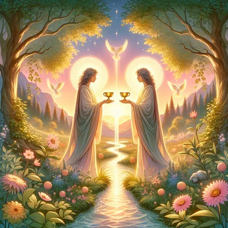 Create a serene and harmonious tarot-themed illustration depicting the Two of Cups. Set in an enchanting natural landscape at sunrise, showing two compassionate figures standing opposite each other, each holding a golden cup. A gentle stream flows between them, symbolizing unity and connection. Surround them with lush greenery and blooming flowers, emphasizing themes of balance, partnership, and mutual support. Include subtle mystical elements like soft, glowing auras around the figures and cups to evoke a sense of spiritual harmony.