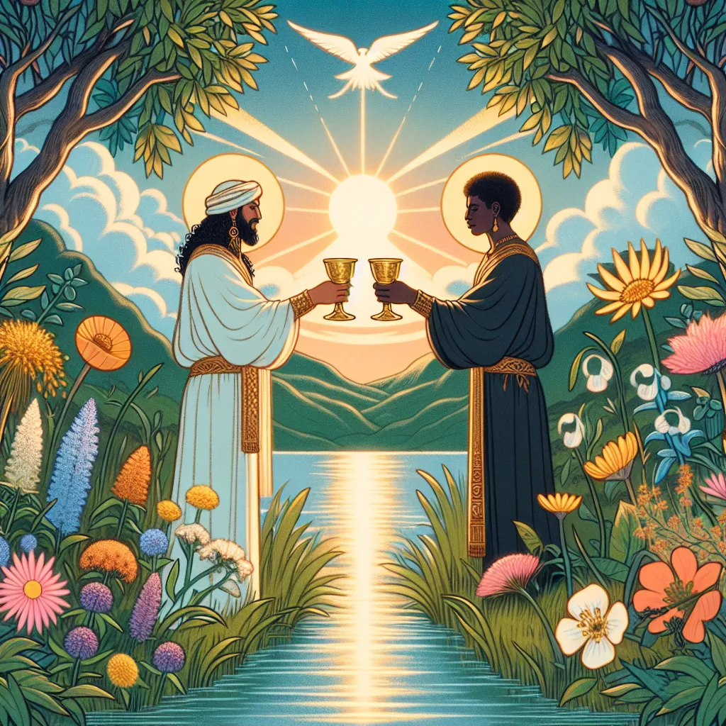 Create a mystical illustration of the Two of Cups tarot card. Depict a Middle-Eastern man and a Black woman standing on either side of a serene river, each holding a golden chalice, reaching towards one another in a gesture of unity. Surrounding them, lush green foliage and vibrant wildflowers bloom under a serene sky, hinting at peaceful harmony. Include gentle light reflections on the water, casting a warm glow, symbolizing mutual respect and connection.