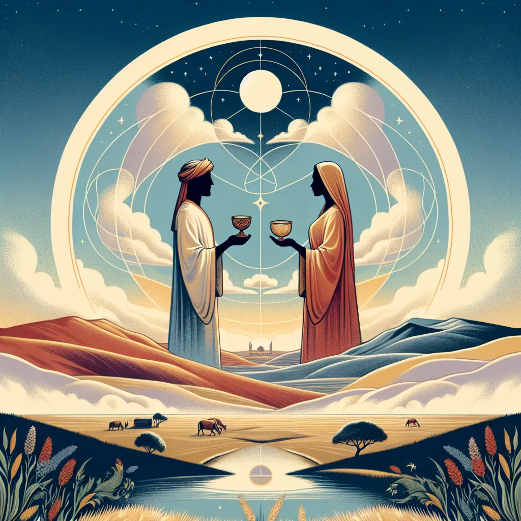 Generate an image representing the Two of Cups tarot card, emphasizing themes of partnership and unity. The central portion of the image should show two figures from diverse backgrounds - one could be a Middle-Eastern man and the other an East Asian woman - standing face to face with each in possession of a cup to signify mutual respect and connection. Their surroundings should consist of a peaceful landscape featuring gentle rolling hills under a clear blue sky, a symbol of tranquility and harmony. Let this collective depiction inspire thoughts about the wonder of unity in diversity.