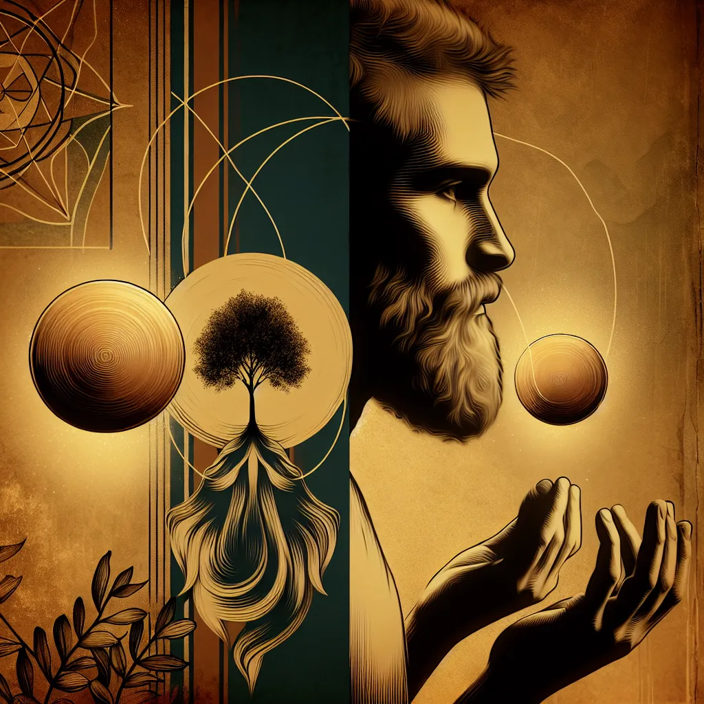 Generate an image of a calm, contemplative philosopher, possibly having a beard or an expression reflecting deep thought. This person can be seen skillfully juggling two golden pentacles in a setting that depicts balance and adaptability. The environment should have warm, earthy tones to represent the dealing of change. To signify Stoicism, include an emblem of a tree standing firm yet flexible amidst the wind.