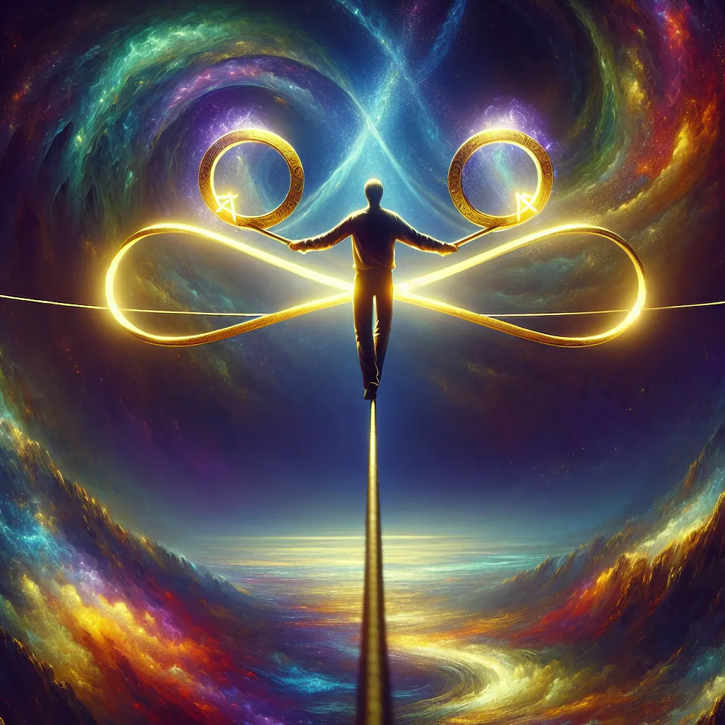 A figure is seen delicately balancing two golden pentacles in their outstretched hands. They are standing on a narrow, precarious high wire, suspended high over a sea that swirls with vibrant, otherworldly colors. A luminescent infinity symbol - glowing with an ethereal light - is intertwined with the pentacles, its endless loop enveloping them in a celestial dance.