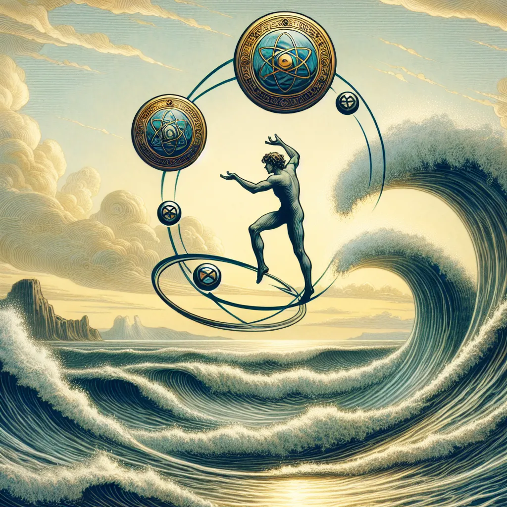 Create an image of a figure skillfully juggling two pentacles in an endless loop, set against a dynamic backdrop of rolling waves. The figure should convey a sense of balance and adaptability, with an expression of focused calm and poise. The ocean is alive with movement, embodying the eternal ebb and flow of life. The sky is clear, symbolizing clarity of thought, and the pentacles are adorned with symbols of infinity, suggesting the continual nature of change and harmony. Incorporate elements that hint at stoic philosophy, such as subtle symbols of nature’s cycles or a faint reflection of a compass in the water to symbolize direction and adaptability.