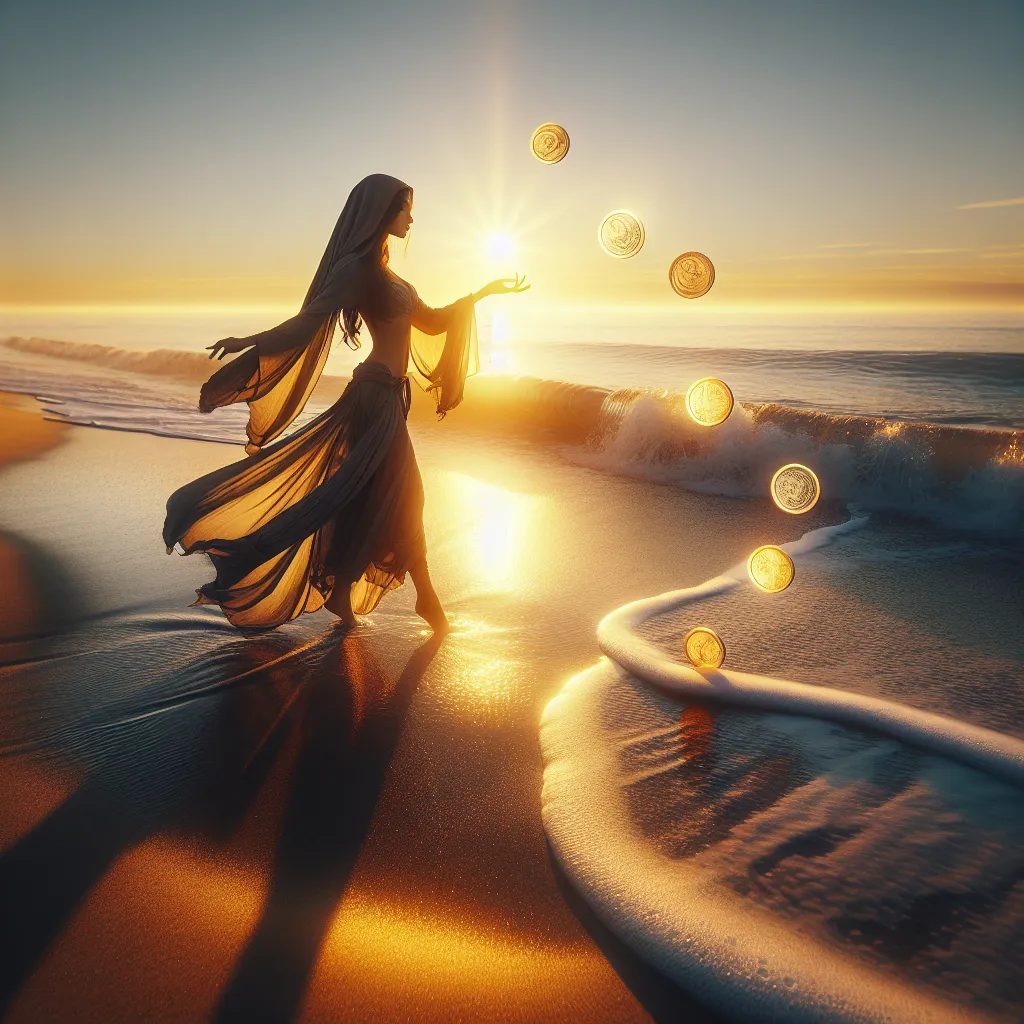 Create an image of a mysterious and serene Middle-Eastern woman on a sunny seashore, gracefully maintaining balance while juggling two glowing coins. The scene captures a harmonious blend of earthly elements – the rising sun, gentle waves, and golden sands– evoking a sense of equilibrium and fluidity. The woman is dressed in flowing attire, suggestive of timeless wisdom and poise, as she softly dances to the rhythm of nature.