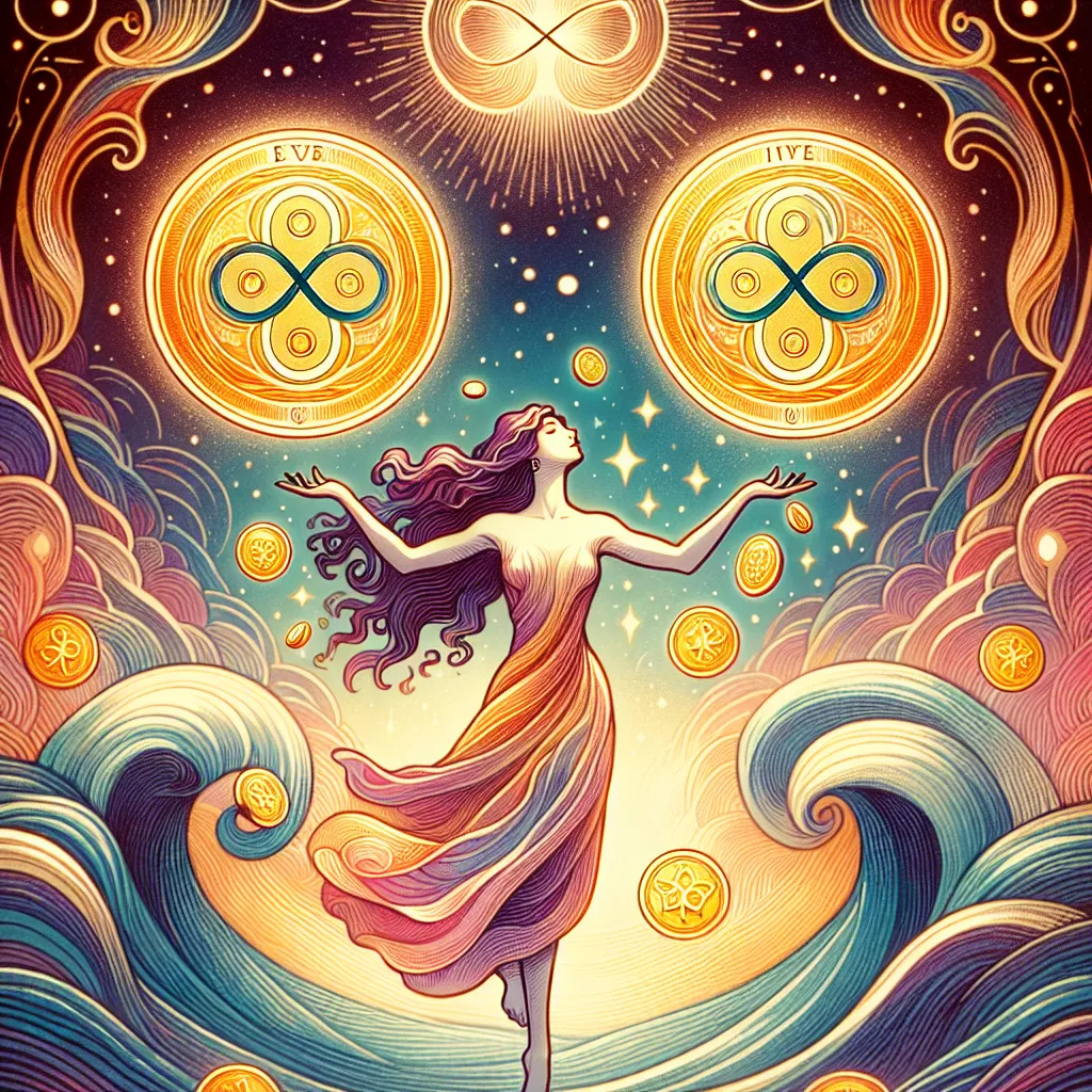 An elegant and mystical illustration of the Two of Pentacles tarot card. Depict a figure gracefully juggling two glowing pentacles against a backdrop of swirling waves and an infinity symbol above their head. The figure embodies balance and focus, with serene expression and poised movement. Vibrant, rich colors with mystical, ethereal elements to evoke a sense of harmony and dynamic equilibrium.