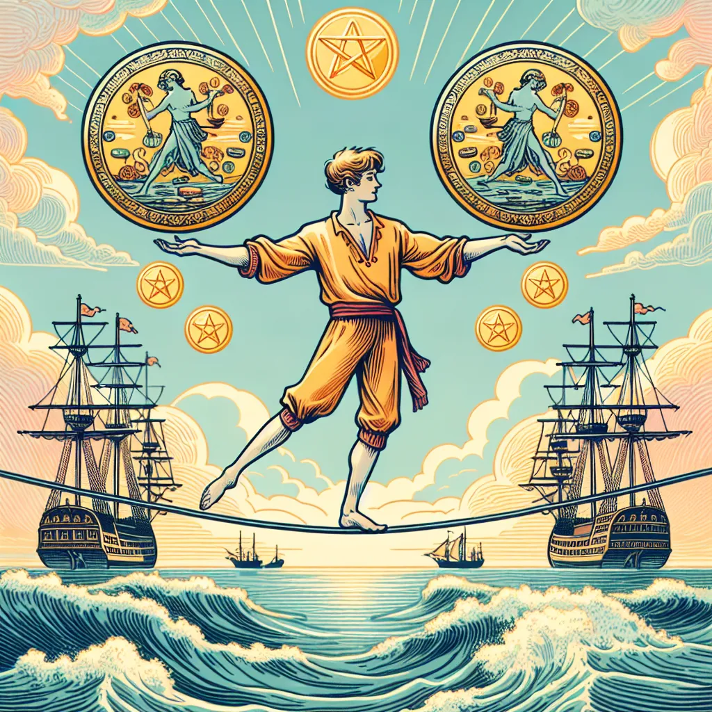 Create an image that embodies the Two of Pentacles tarot card. Illustrate a person standing gracefully on a tightrope, balancing two large coins in their hands, surrounded by an ocean with ships in the background. The person should exude a sense of calm and focus, symbolizing balance and adaptability. Incorporate classical tarot aesthetics with vibrant colors and intricate details, capturing the essence of juggling life’s responsibilities with poise.