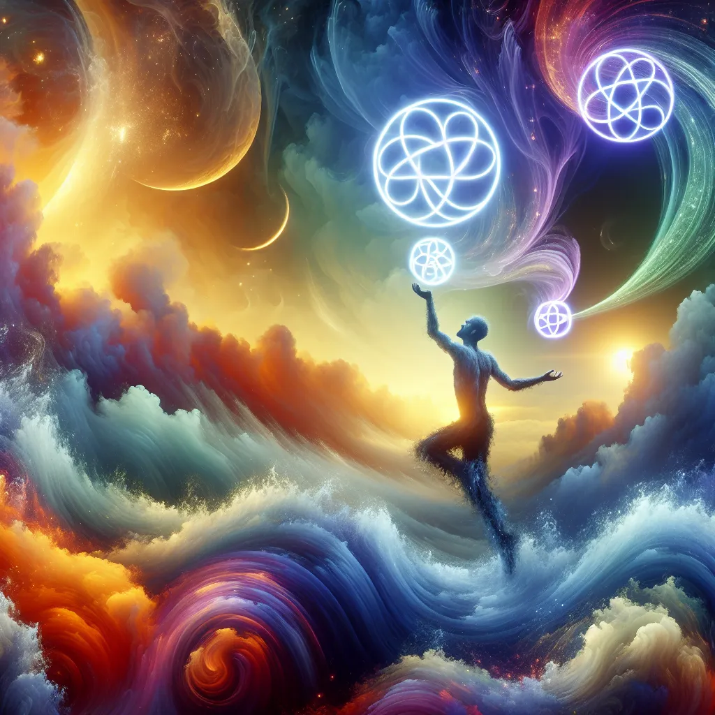 Create an image of a person juggling two glowing pentacles, surrounded by swirling waves and clouds. The figure should appear balanced and composed, with an expression of calm focus. Incorporate elements of infinity and movement, symbolizing balance and adaptability. The setting should be a dynamic landscape with vibrant colors, reflecting both the harmony and complexities of life's ebb and flow. The overall mood should convey steadiness amidst motion, with a hint of mystical, ethereal atmosphere.