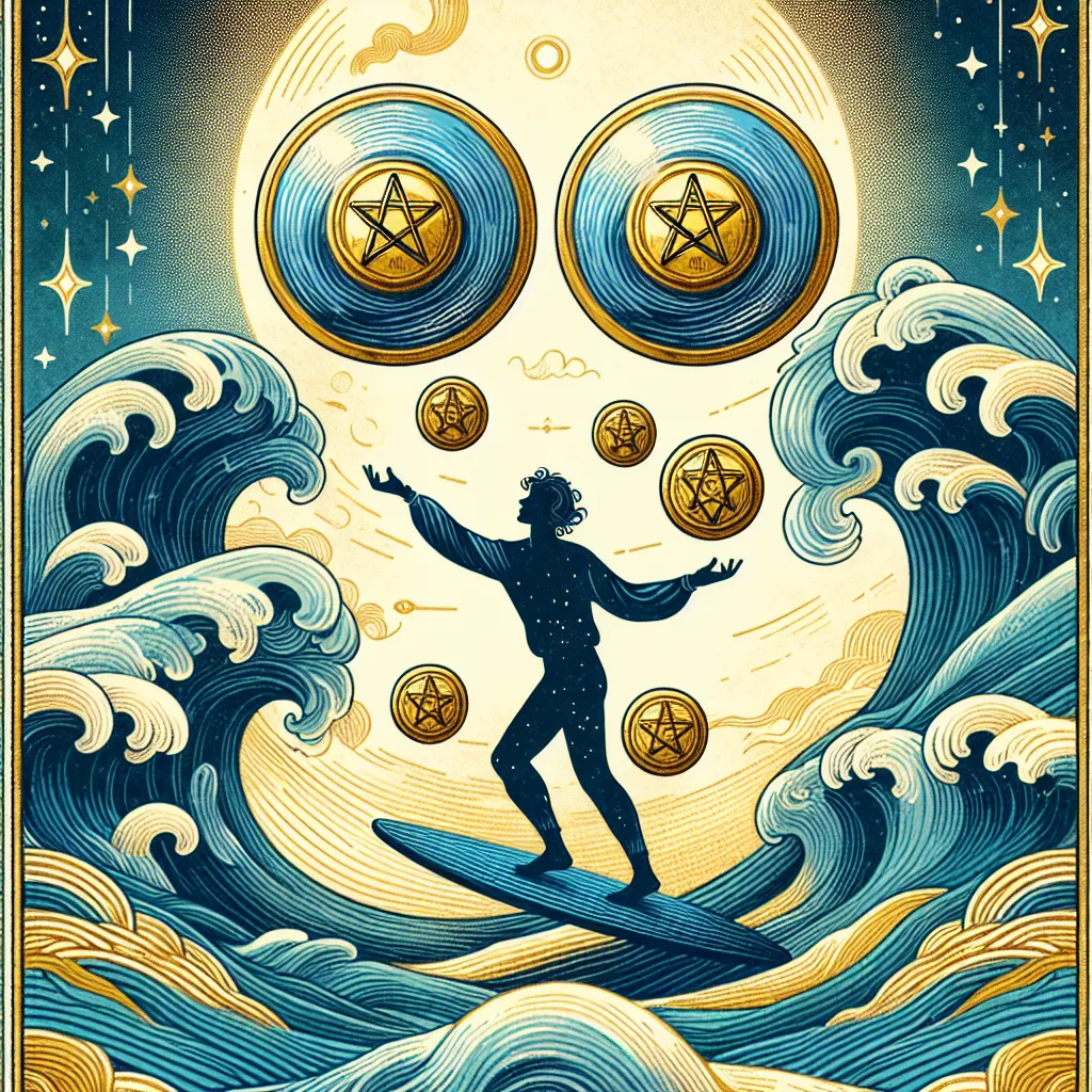 Create an artistic representation of the Two of Pentacles tarot card. Illustrate a person skillfully juggling two golden pentacles, seamlessly embodying balance and adaptability. The backdrop features dynamic ocean waves, symbolizing life's constant changes and challenges. Incorporate elements of whimsy and mystical design, capturing the essence of equilibrium amidst motion. Use a color palette of deep blues and golds to evoke a sense of harmony and fluidity.