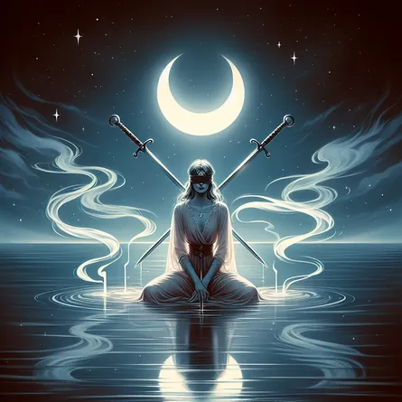An ethereal illustration of the Two of Swords tarot card: A serene figure sits at the edge of a calm, moonlit sea, blindfolded, and holding two crossed swords in perfect balance. The backdrop features a starry night sky with a crescent moon, casting a gentle glow. The atmosphere is one of contemplation and tranquility, reflecting an introspective decision-making moment. Include swirling mist around the swords to symbolize uncertainty, and a gentle breeze ruffling the figure's garments.