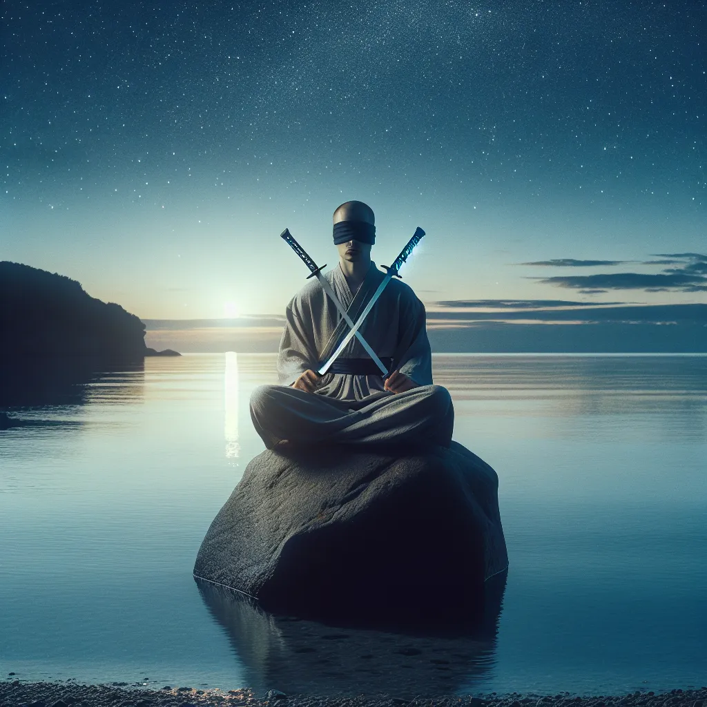 Create an image of a serene scene set on a quiet beach under a starry night sky. In the foreground, show a figure seated calmly on a large rock by the shore, blindfolded, and holding two crossed swords. The ambiance should reflect tranquility despite the implicit tension in the pose, with moonlight reflecting on the water and a slight breeze evident in the figure's garments. The overall mood should convey balance and introspection, inviting viewers to consider the concept of decision-making and inner peace.