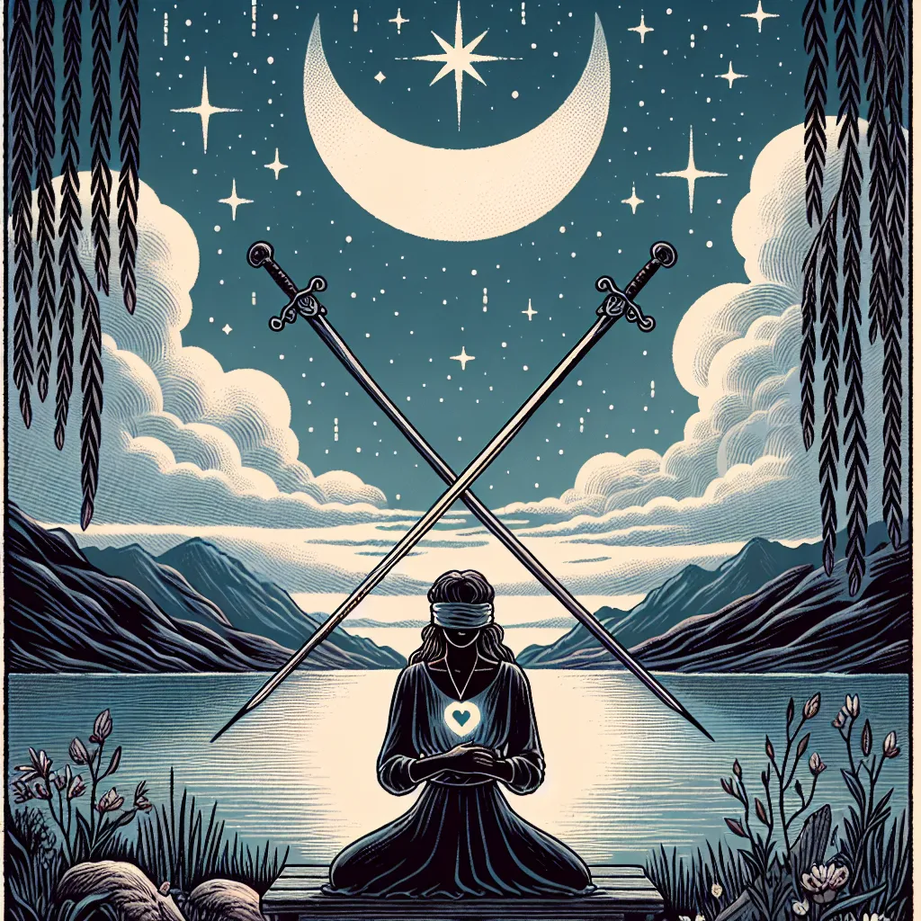 Create a serene, balanced scene depicting a mystical and introspective tarot card inspired by the Two of Swords. Visualize a blindfolded figure, sitting by a tranquil lakeside under a starlit night sky. They hold two shining swords crossed over their heart, symbolizing choice and inner conflict. The moon casts a gentle glow on the water, reflecting the sky above and adding an air of calm contemplation. Include subtle elements of nature, such as softly swaying willow trees and distant mountains, to evoke quietude and introspection.