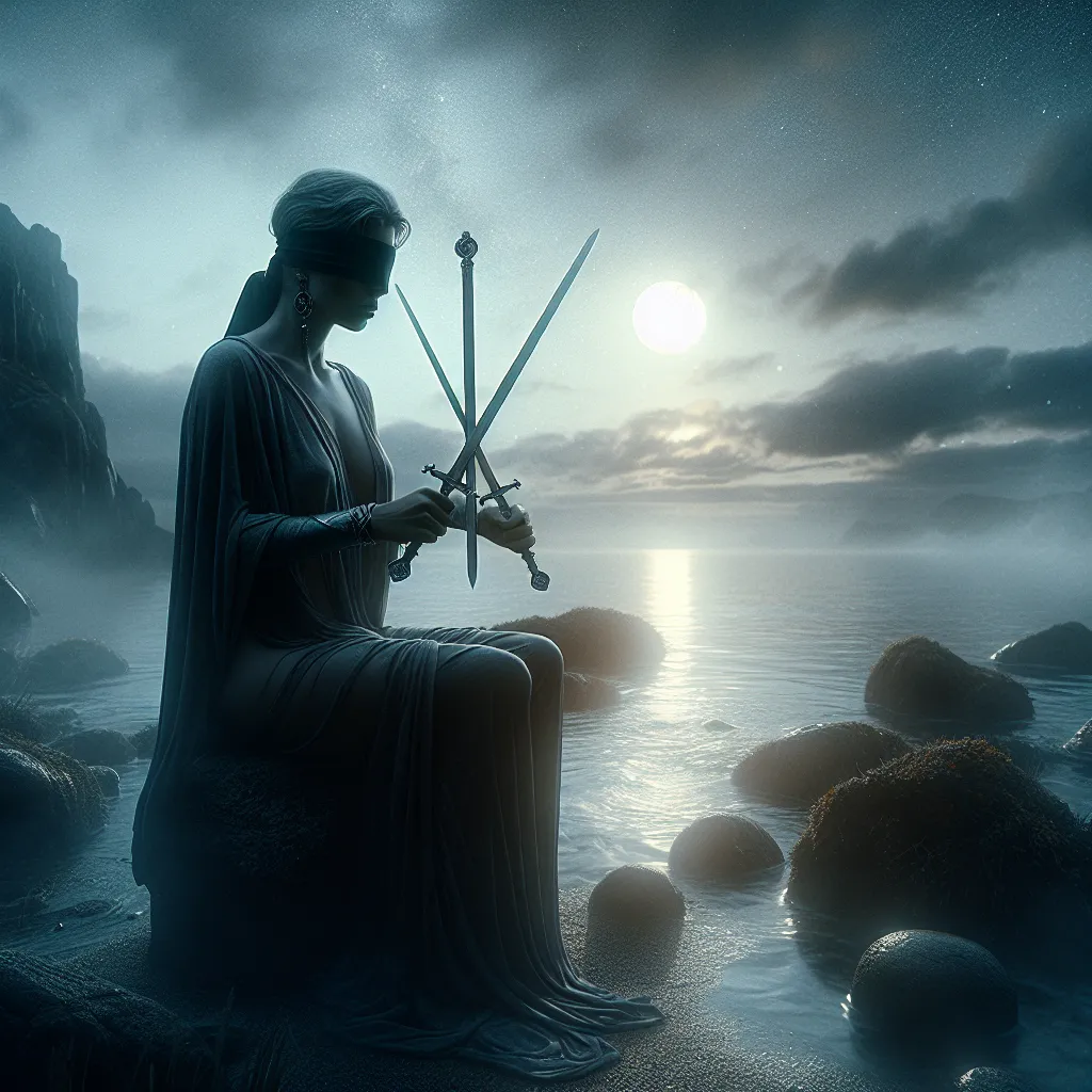 Create an image illustrating the Two of Swords tarot card in a mystical, serene environment. Show a figure seated on a rocky shore at dusk, with the sea behind them. They're holding two crossed swords, symbolizing indecision and balance. The figure is blindfolded, conveying contemplation and introspection. A soft moonlight bathes the scene, adding a hint of mystery and calm. Include subtle elements of nature like gentle waves and wispy clouds to capture a sense of harmony amidst uncertainty.
