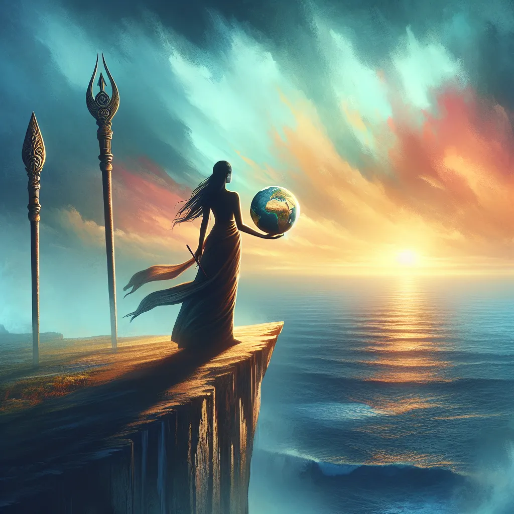 A South Asian female figure is standing on the edge of a steep cliff, staring at the immeasurable expanse of the ocean. She holds a detailed globe in her right hand, suggesting her curiosity and readiness to explore. Beside her are two wands, symbols of power and guidance. The sky above radiates the soft, warm hues of sunset, with colors blending seamlessly, inducing a sense of contemplation and eagerness for the imminent voyage. These elements together create an evocative image of anticipation and adventure.