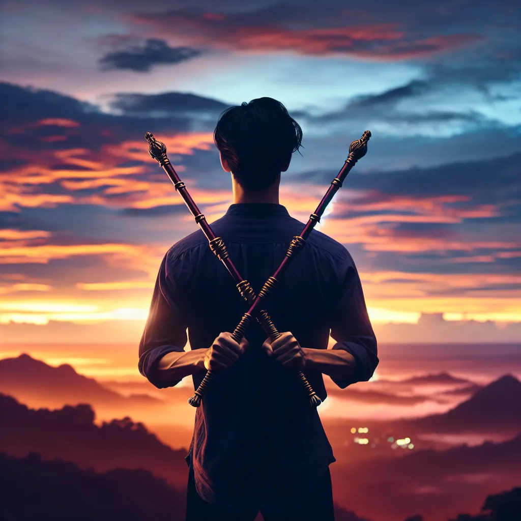 A singular Asian male figure is standing on a high hill looking towards a panoramic view at dusk, clenching two opulent wands crisscrossed in front of him. The stunning horizon before him is filled with the vivid oranges and purples of the descending sun. Showing poise and determination, the character appears ready to commence a lengthy adventure, his gaze focused on the boundless opportunities lying ahead.