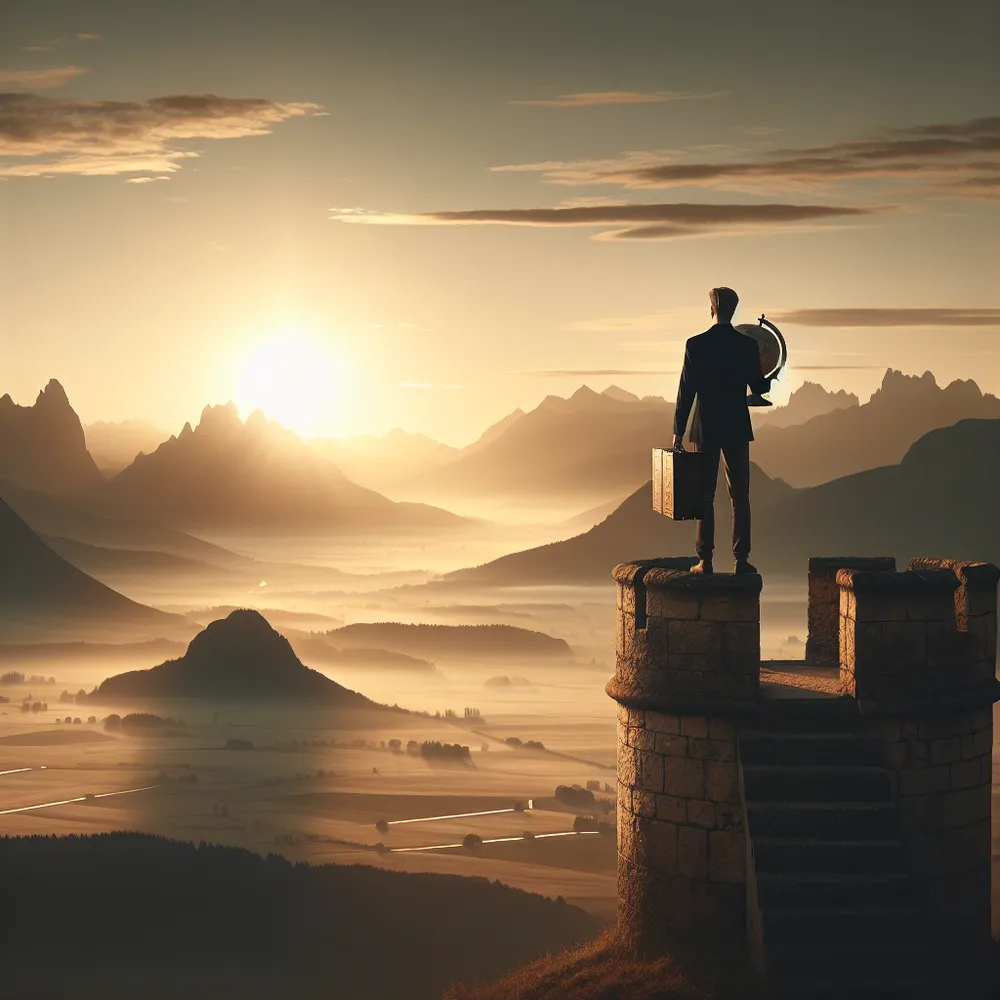 A solitary figure standing on a castle turret, holding a globe in one hand and looking out over a vast, expansive landscape at dawn. The scene captures elements of exploration and contemplation, with distant mountains on the horizon and a sense of possibility in the air. The atmosphere is serene and hopeful, with soft golden light illuminating the scene, symbolizing new beginnings and strategic planning.