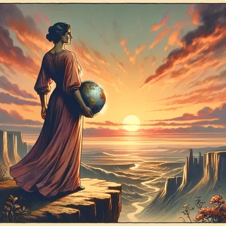 Create an image of a Hispanic woman standing on the edge of a cliff, holding a globe in her left hand while looking out over a vast landscape. A sense of anticipation and strategic planning fills the air as dawn breaks on the horizon, casting warm shades of orange and pink across the sky. The woman is composed and thoughtful, representing foresight and strategic vision. The style should balance realism with a hint of the mystical, capturing both the magnificence of the landscape and the introspective nature of this key moment. The interpretation should be modern, yet reminiscent of old tarot card illustrations.