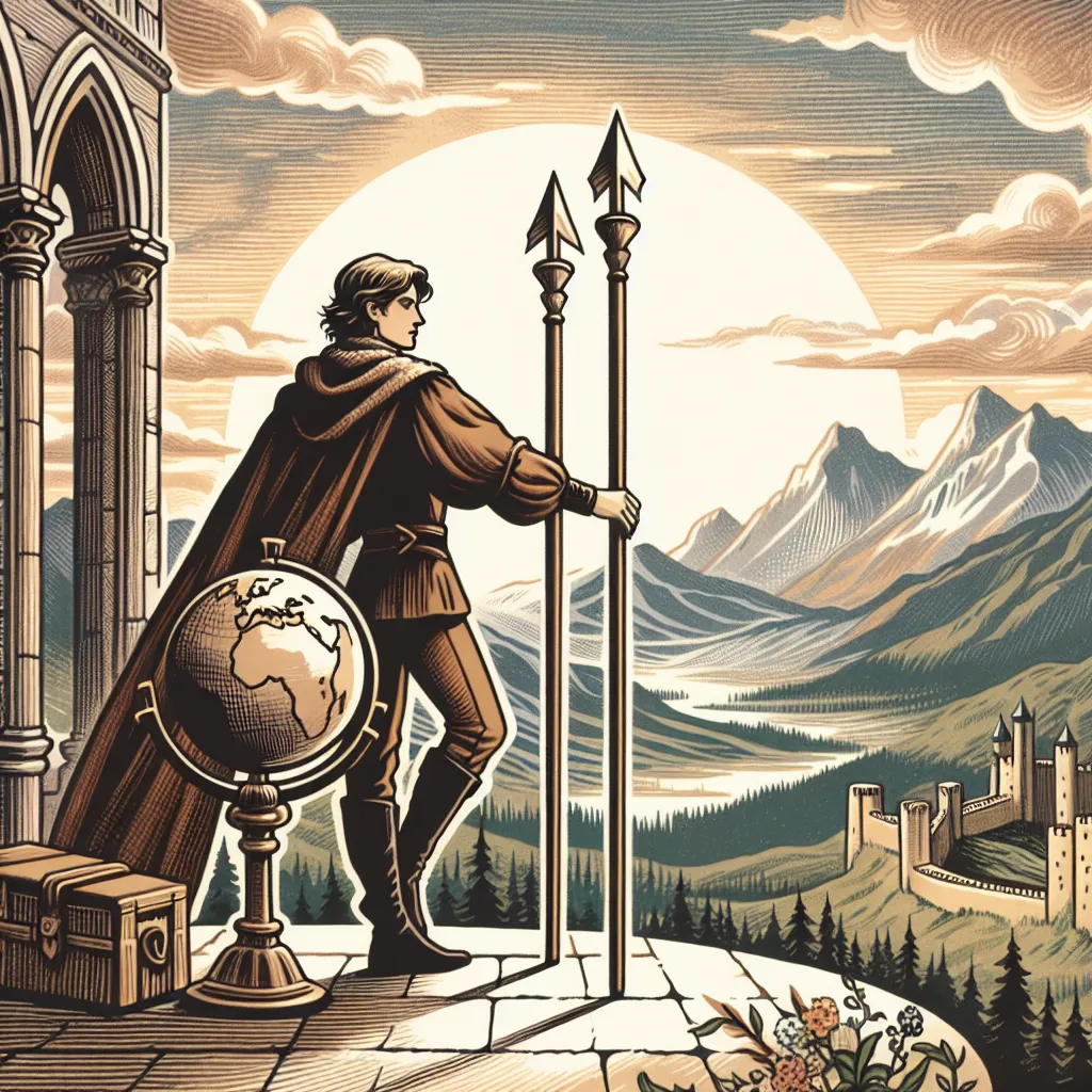 Create an illustration of the Two of Wands tarot card. Portray a figure standing confidently on a castle rooftop with a serene landscape stretching beyond. The figure holds a globe in one hand and leans on a tall wand with the other, gazing thoughtfully into the horizon. The scene should convey a sense of potential, foresight, and expansion. Use a palette of earthy tones to reflect a harmonious connection with the world, with a backdrop of mountains and a distant path leading into the unknown. The mood should be contemplative and visionary, capturing the essence of anticipation and strategic planning.