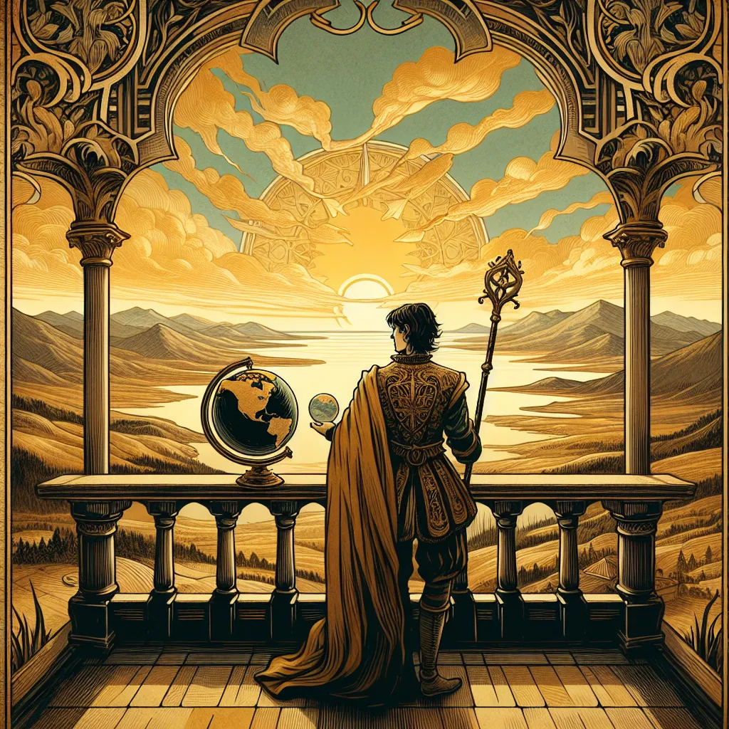 Create an image of the Two of Wands tarot card. The scene features a person standing on a castle balcony, looking at a globe in one hand, while the other hand leans on one wand. The landscape in front of them stretches out to distant hills and expanses of water, turning golden in the glow of a setting sun, symbolizing endless possibilities and new adventures. The figure embodies a mix of anticipation and determination as they contemplate their next move. Style the image using a blend of intricate details typical of classical Renaissance and mystical elements characteristic of traditional tarot cards.